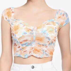 🍑🩵 Almost Famous Floral Mesh Corset Top Ruche Y2K Bustier Peach Blue-S